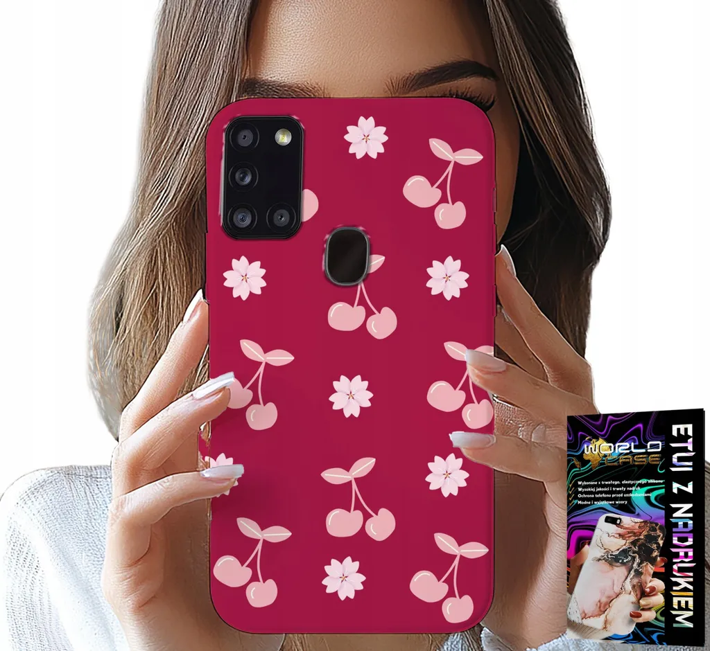 custodia per samsung galaxy a21s - cherry, cherry su sfondo maroon + pellicola