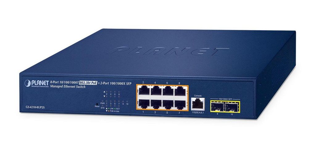 PLANET IPv6/IPv4 - 8-Port Managed L2/L4 Gigabit Ethernet (10/100/1000) Power over Ethernet (PoE) 1U Blau (GS-4210-8UP2S)