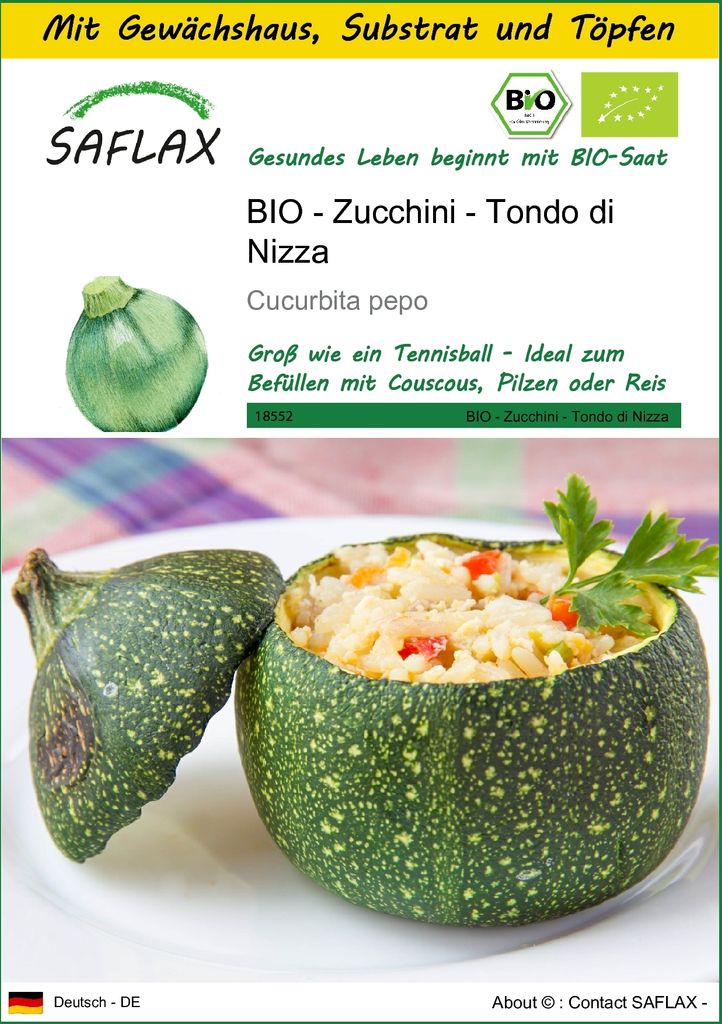 SAFLAX Anzucht Set - BIO - Zucchini - Tondo di Nizza - Cucurbita pepo - 5 Samen - Mit Mini-Gewächshaus, Anzuchtsubstrat und 2 Töpfen