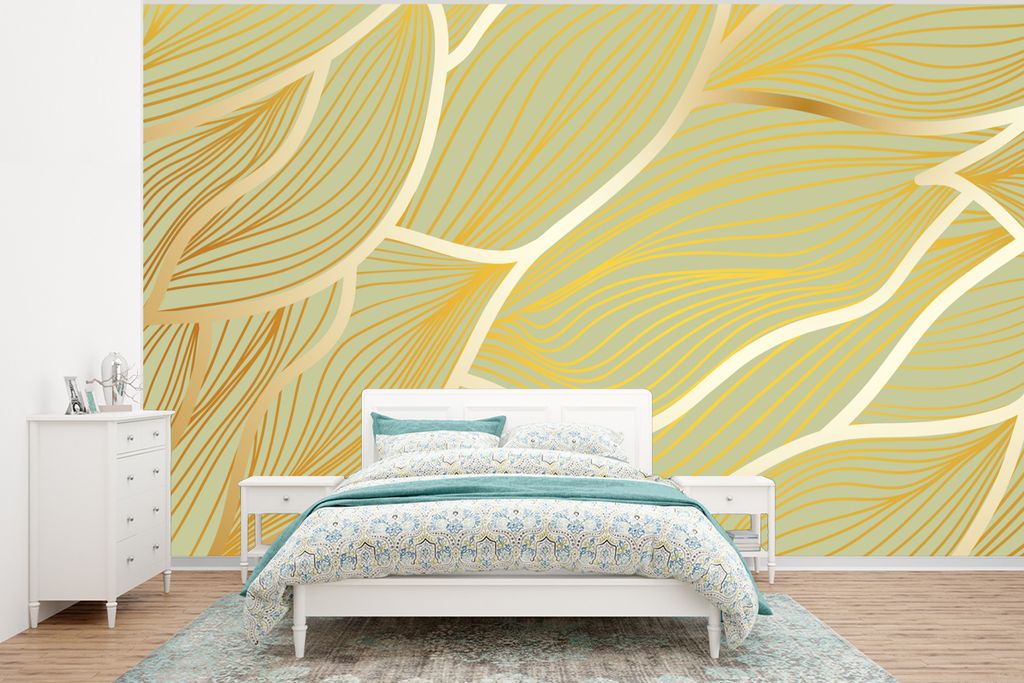MuchoWow Fototapete für Wohnzimmer oder Schlafzimmer Wandtapete Vinyl Motivtapete Goldene Wellen auf grünem Hintergrund - 400x300 cm - Papierta...