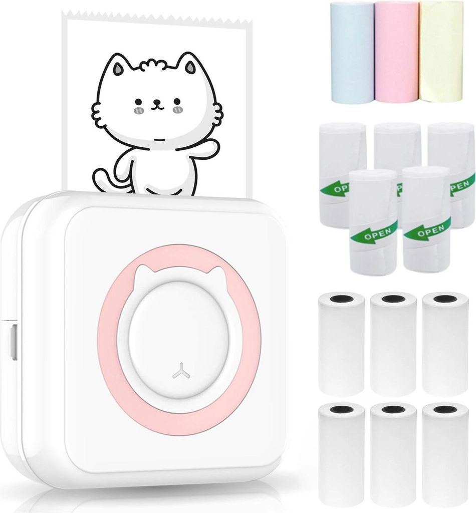 C15, tragbarer kabelloser Mini-Drucker, Bluetooth für Smartphone, iOS/Android, für 57 mm Papier, inkl. 14 Rollen, Pink