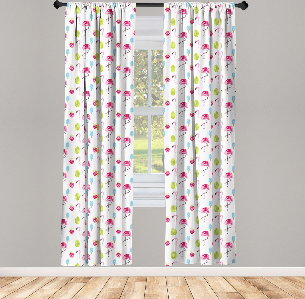 ABAKUHAUS Flamingo Vorhänge, Gardinen, Nette exotische Sommerferien-Muster-Karikatur-Eiscreme-Himbeerpalmblätter, 2 Stück 75 x 225 cm, , Mehrfarbig