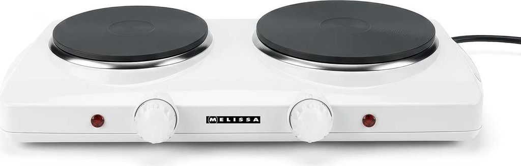 Melissa 16350027 - Doppel Elektro Kochplatte - 2300 W - 2 Kochzonen Ø 18,5 und 15,5 cm - 5 Heizstufen - Rutschfeste Füße - Weiß