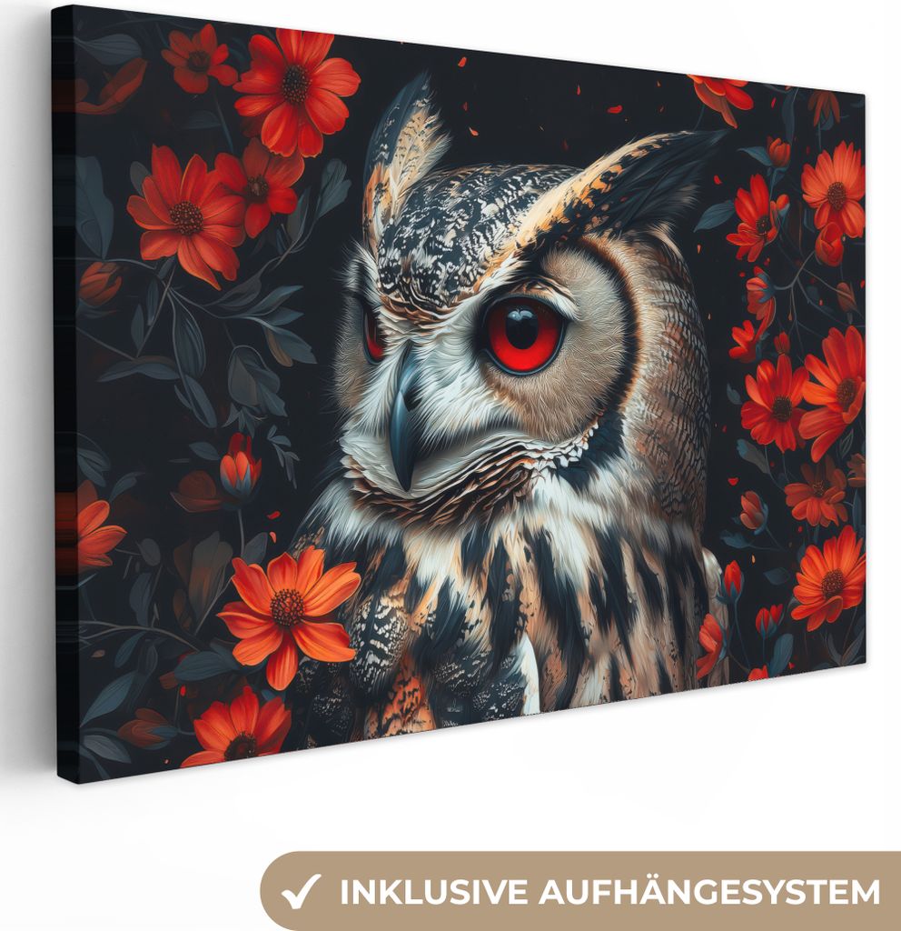 Leinwandbilder 120x80 cm - Tiere, Blumen - Eule, Bilder Wohnzimmer Modern, Wanddeko