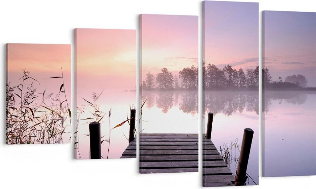 Bild auf Leinwand - Leinwandbild - Morgen Sonnenaufgang Nebel See - 100x60cm - Wand Bild - Wanddeko - Leinwanddruck - Bilder - Kunstdruck - Wanddek...