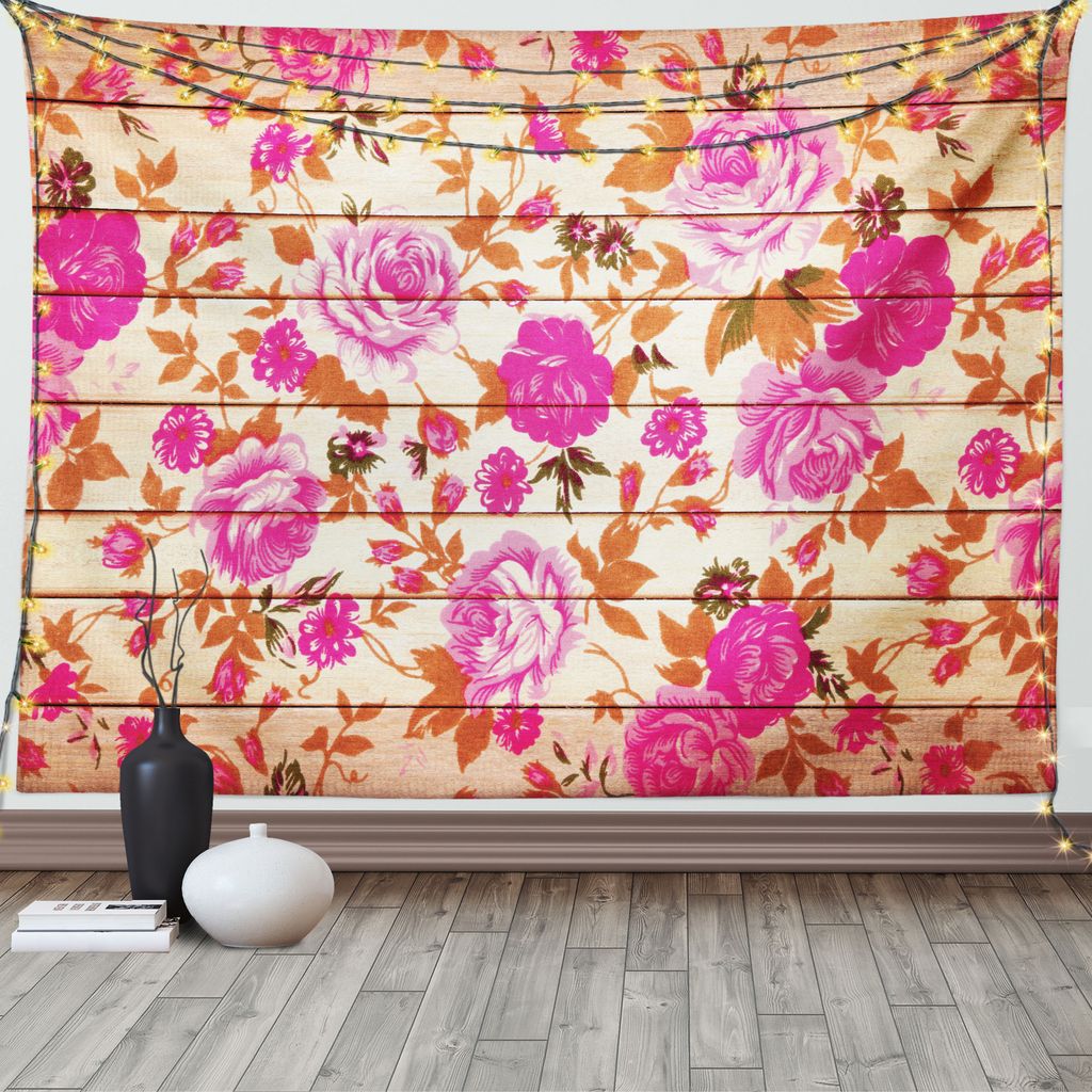 ABAKUHAUS Jahrgang Wandteppich, Rosen auf Holz Hintergrund, Wohnzimmer Schlafzimmer Wandtuch Seidiges Satin Wandteppich, 150 x 100 cm, Orange Rosa
