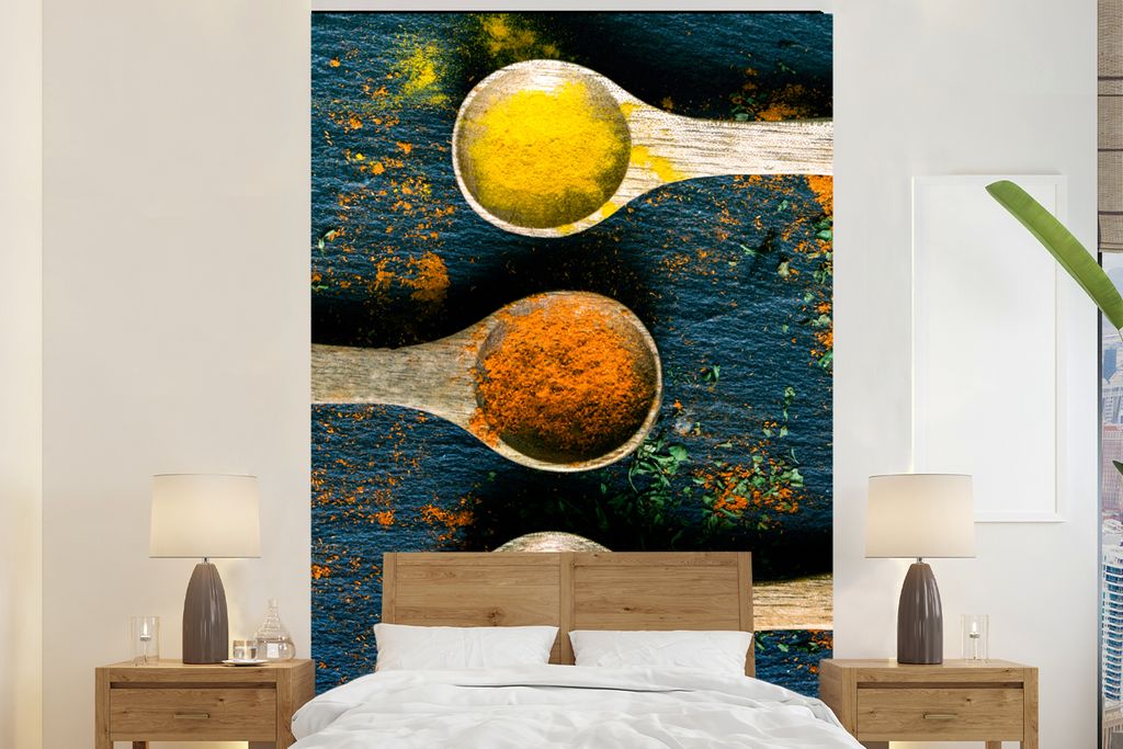 MuchoWow Fototapete für Wohnzimmer oder Schlafzimmer Wandtapete Vinyl Motivtapete Gewürze - Löffel - Kräuter - Braun - Gelb - Grün - 160x240...