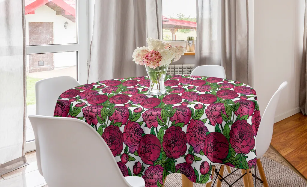 ABAKUHAUS Tovaglia rotonda con motivi floreali, motivo ripetuto con fiori di peonia, tovaglia circolare per sala da pranzo e cucina, 150 cm, rosa marrone e verde essiccato