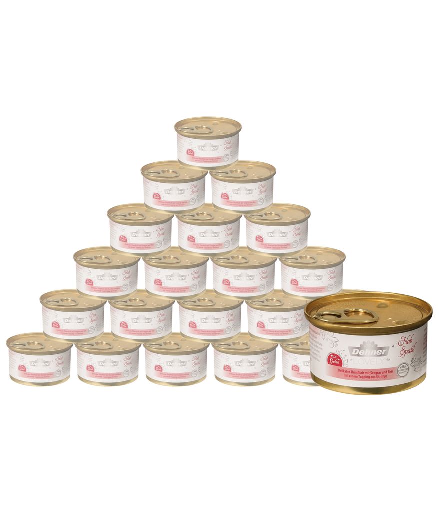 Dehner Premium Lovely Katzenfutter, Nassfutter in Gelee / glutenfrei, für ausgewachsene Katzen, Thunfisch / Shrimps / Reis, 24 x 85 g Dose (2.04 kg)