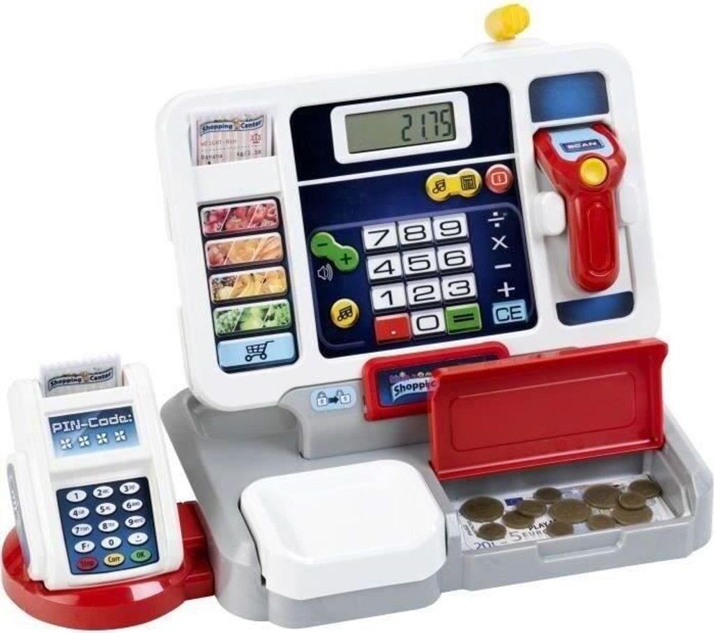 Elektronische Spielzeugkasse Shopping Center, Abnehmbarer Bildschirm, Inklusive Zubehör, Integrierter Scanner, Funktionierende Waage, Klein 9389