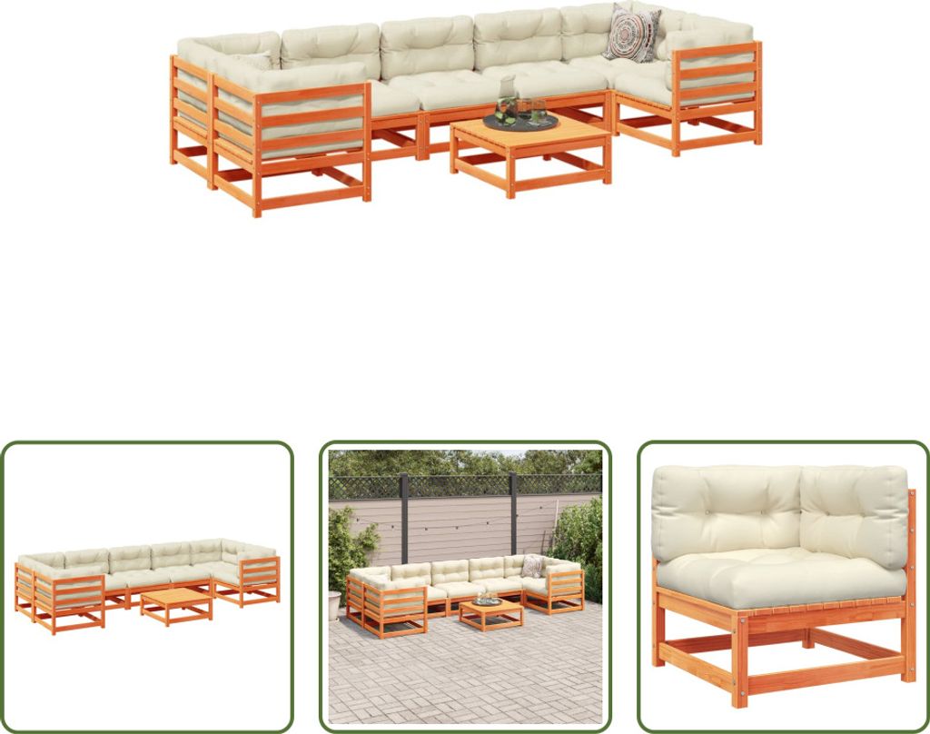 The Living Store 8-tlg. Garten-Sofagarnitur mit Kissen Wachsbraun Kiefernholz