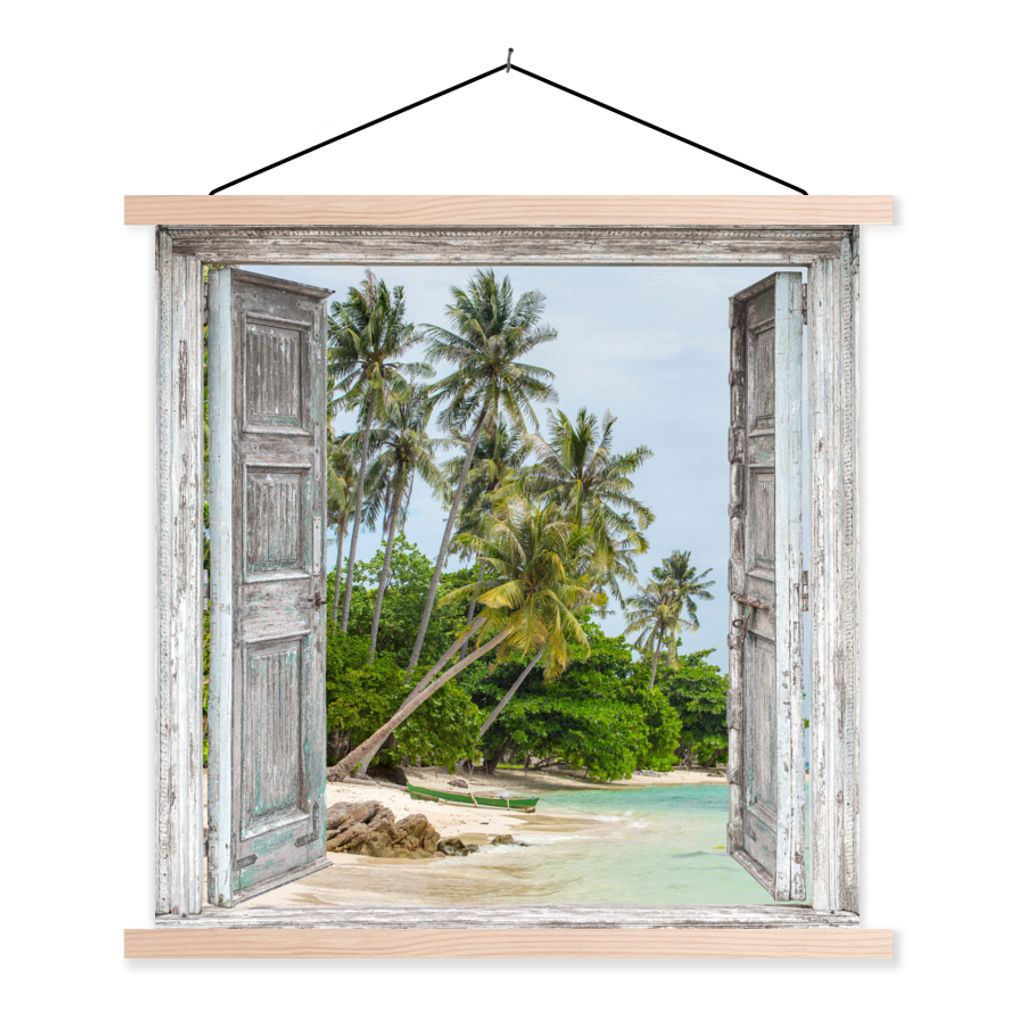 MuchoWow Textilposter Tropisch - Palme - Blick - Meer 120x120 cm mit holzfarbenen Rahmen - Textil-Poster