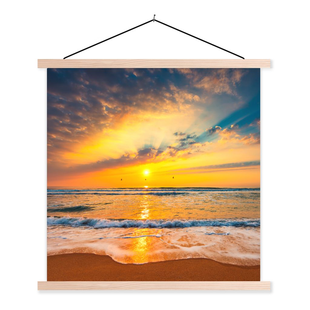 MuchoWow Textilposter Sonnenuntergang - Strand - Meer - Wolken - Orange 60x60 cm mit holzfarbenen Rahmen - Wanddekoration