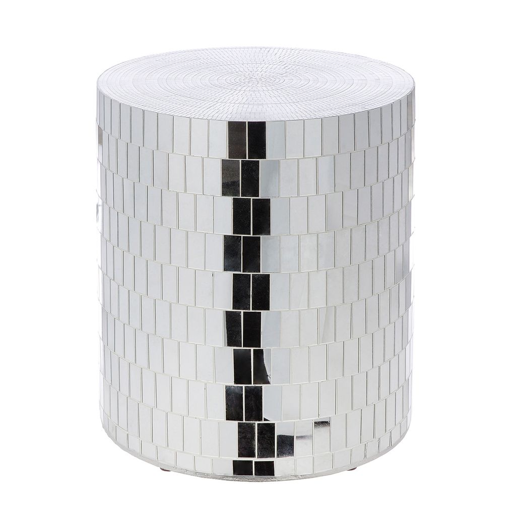 Gilde Beistelltisch, rund, "Disco", Fiberglas, Spiegelglas, silberfarben, VE 1, H. 45 cm, D. 38 cm 37583