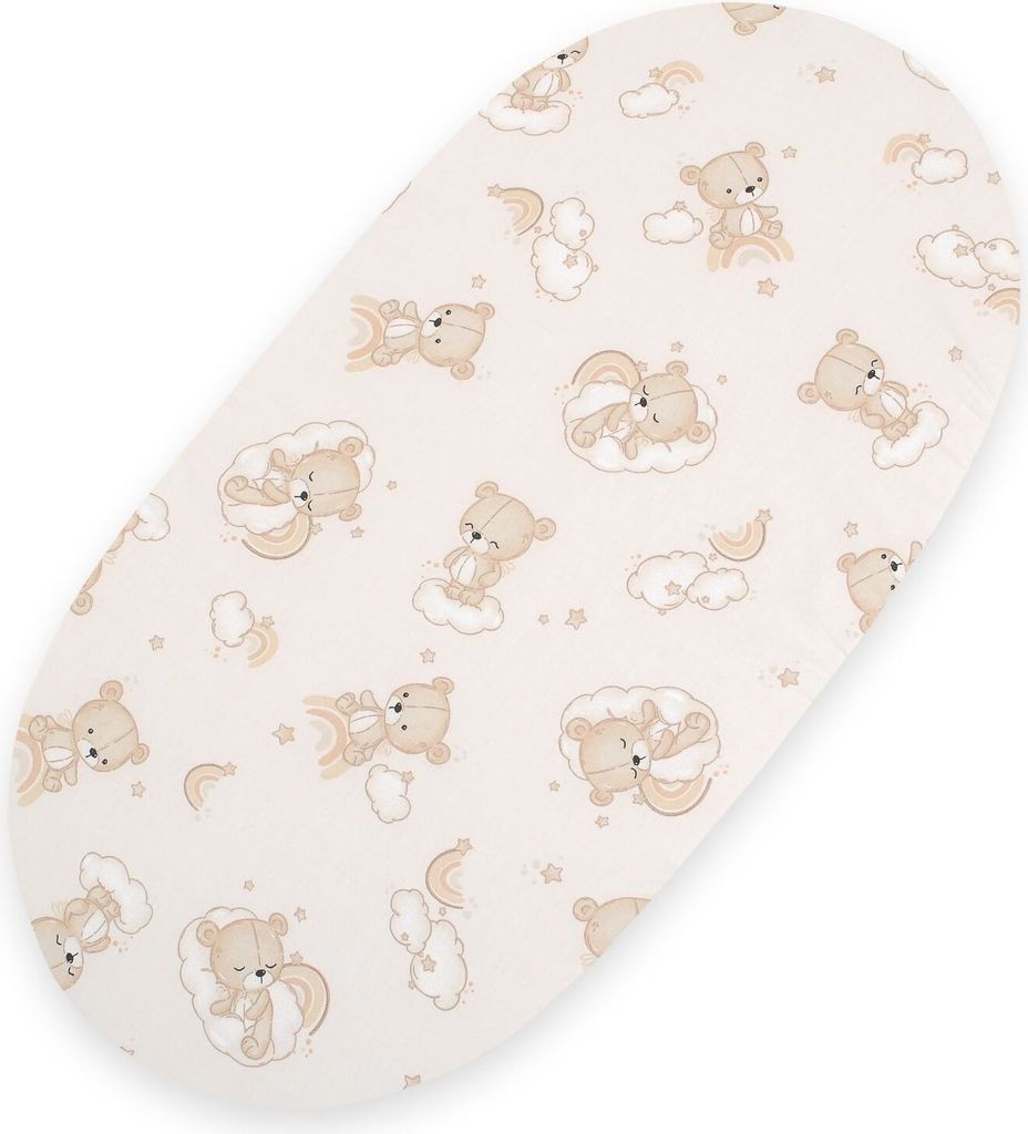 Baumwolllaken für Moseskorb Boho Gondel Kinderwagen 75x35 cm - beige Teddybär mit Regenbogen