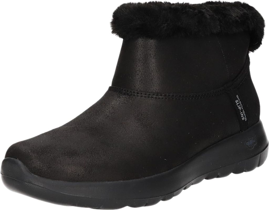 A black boot with faux fur trim.