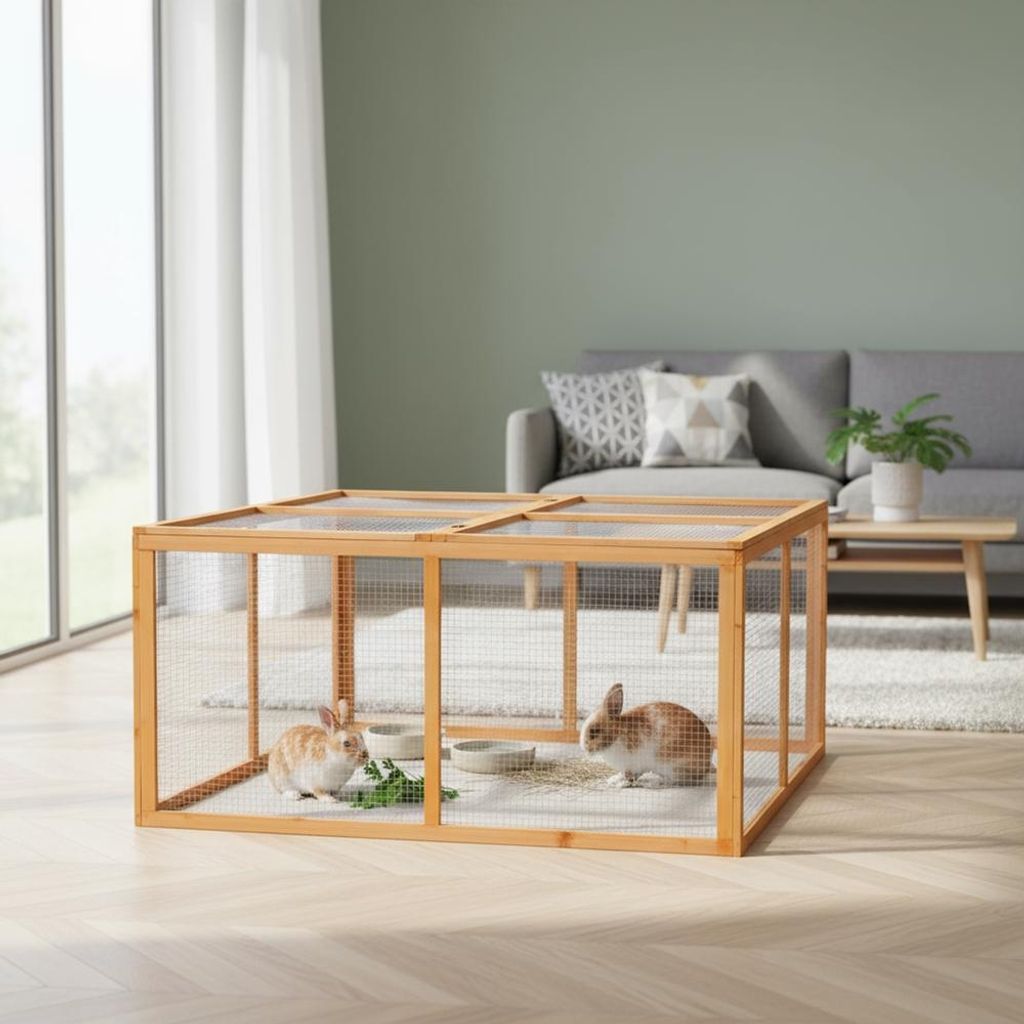 Two rabbits in a wooden enclosure in a living room.