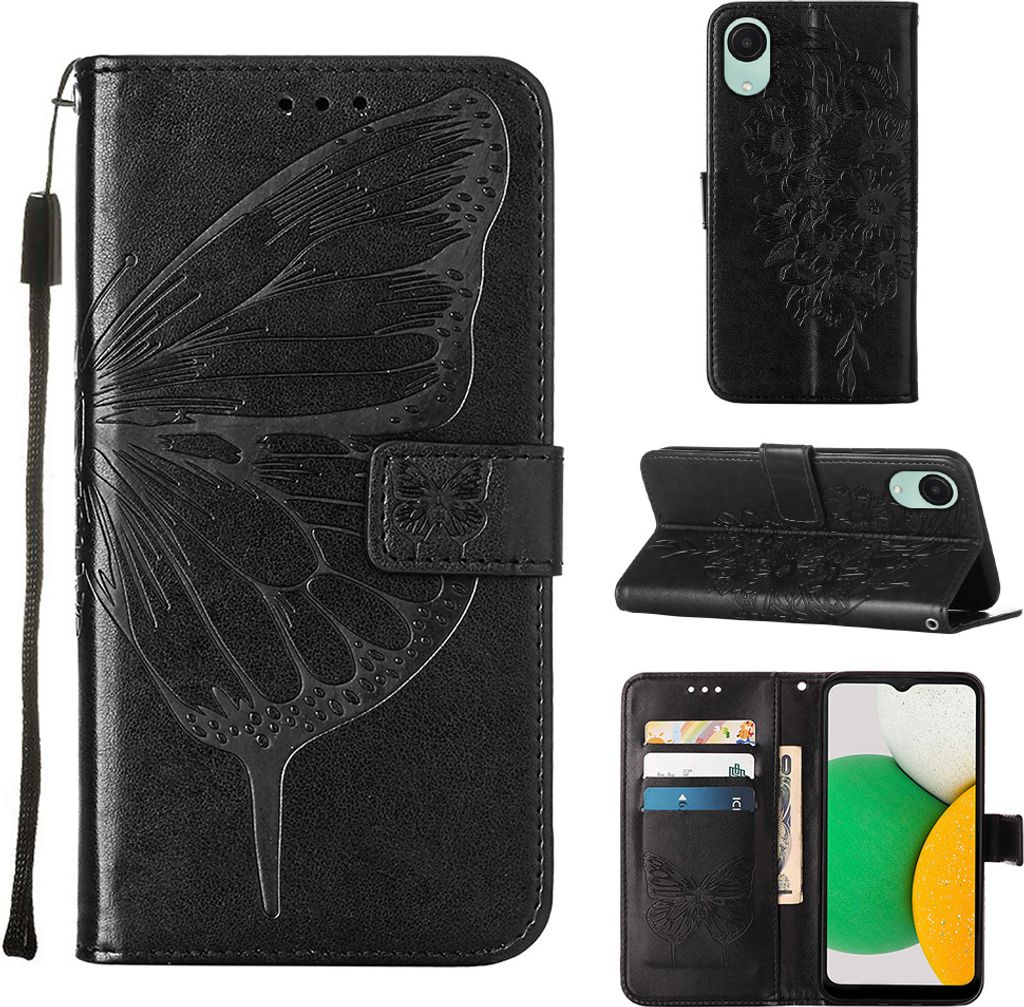 Lederhülle für Samsung Galaxy A04 Core Schmetterling Prägung Flip Ledertasche Kartenfächer Handyhülle mit Ständer Schwarz