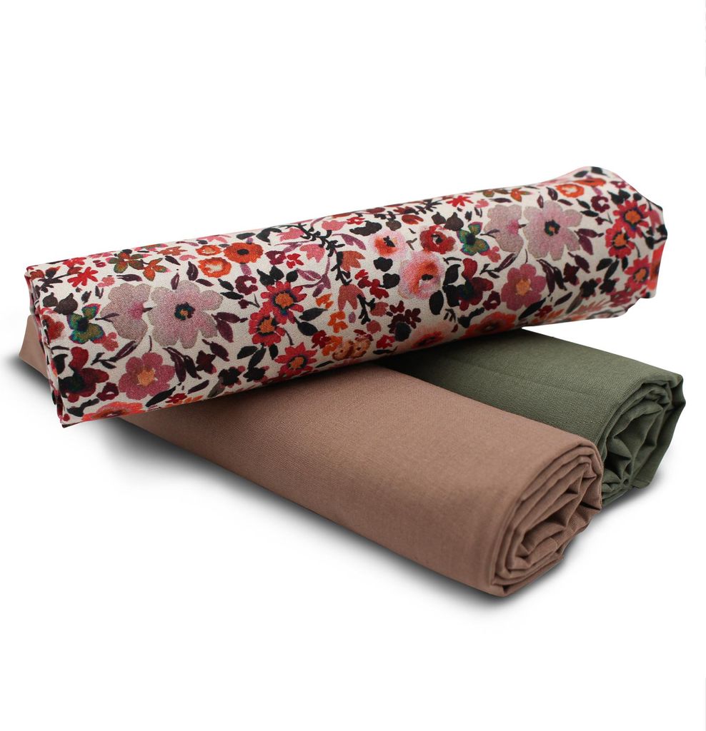 Blumen rötlich Set 19 Baumwollstoff 1x Druck + 2x Uni je 0,5m Stoffpaket Nähen DIY Projekt
