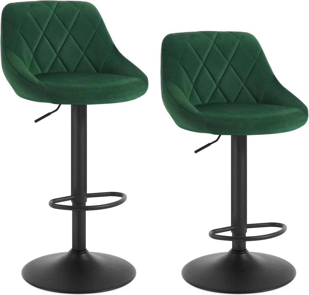 Two dark green velvet bar stools with black bases and adjustable height mechanisms are shown against a white background.
