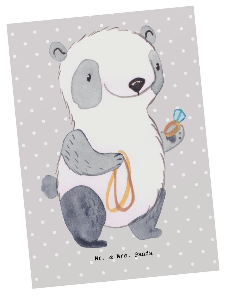 Mr. & Mrs. Panda Postkarte Juwelier Herz - Grau Pastell - Geschenk, Eröffnung, Schmuckgeschäft, Grußkarte, einzelkarte, Goldschmuck, Goldschmied...