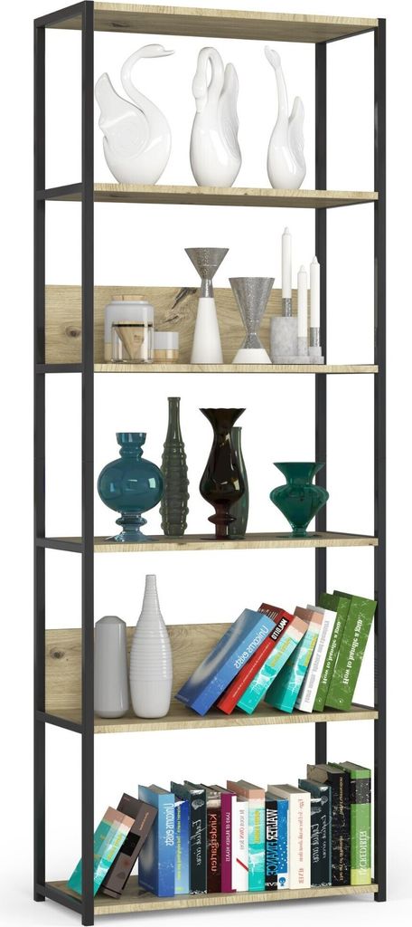 Bücherregal AKORD Metallregal mit Holzwerkstoff-Ebenen Schwarz Breite 70 cm 6 Ebenen Eiche Artisan B70 x H192 x T32 cm