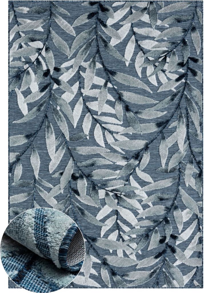 MY-RUG Outdoor-Teppich "Laurel" 150x80 cm, blau, mit floralem Hoch-Tief-Design, für draußen