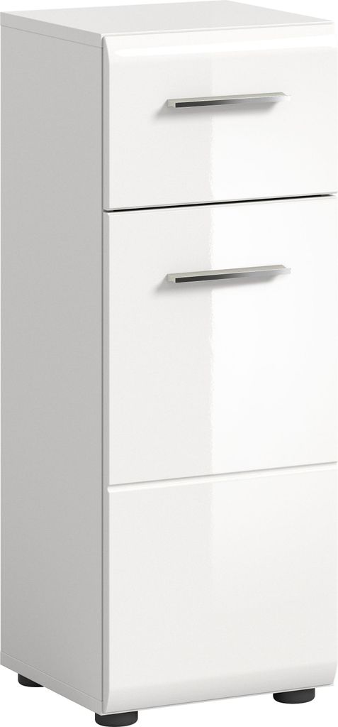 A white, high-gloss cabinet with three drawers and silver handles, shown from a front-side angle against a white background.