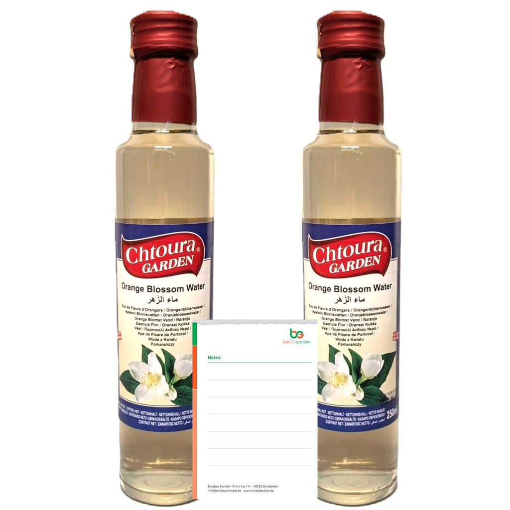 Chtoura Garden Orangenblütenwasser 2x250ml Glasflasche- ideal zum Backen und Kochen - Blütenwasser zur Aromatisierung von Süßspeisen+Notiz