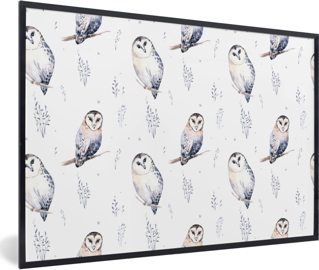 MuchoWow Gerahmtes Poster Winter - Eule - Weiß 90x60 cm - Poster mit Schwarzem Bilderrahmen Wandposter Rahmen Foto Bilder - Fotorahmen - Foto-Pl...