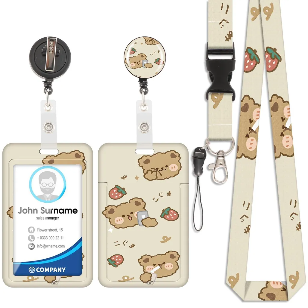 Porte-badge Ourson Fraise avec cordon amovible et clip rétractable rose
