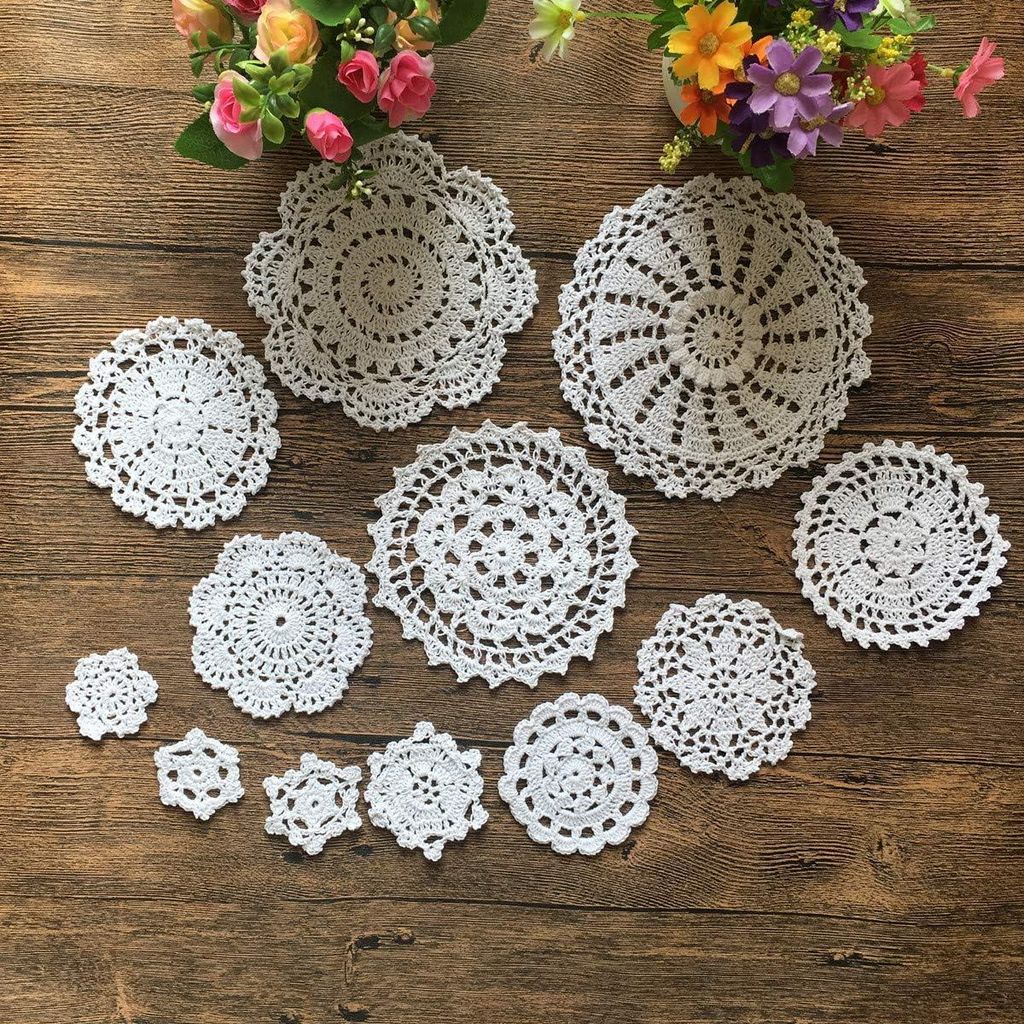Set von 24 handgehäkelten Tischdecken aus Baumwollspitze, Mini-Tischdecken, Untersetzer 5-18cm rund, weiß, vintage Hochzeit, Teekränzchen (24 St...