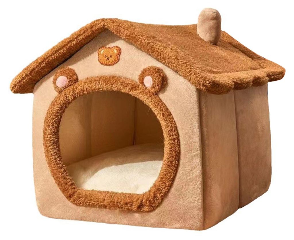 Haustierhöhle mit abnehmbarem Kissen, Cartoon-Bär-Motiv, geschlossenes Katzen- und Hundehaus für drinnen, warmes Plüsch-Schlafnest für Kätzch...