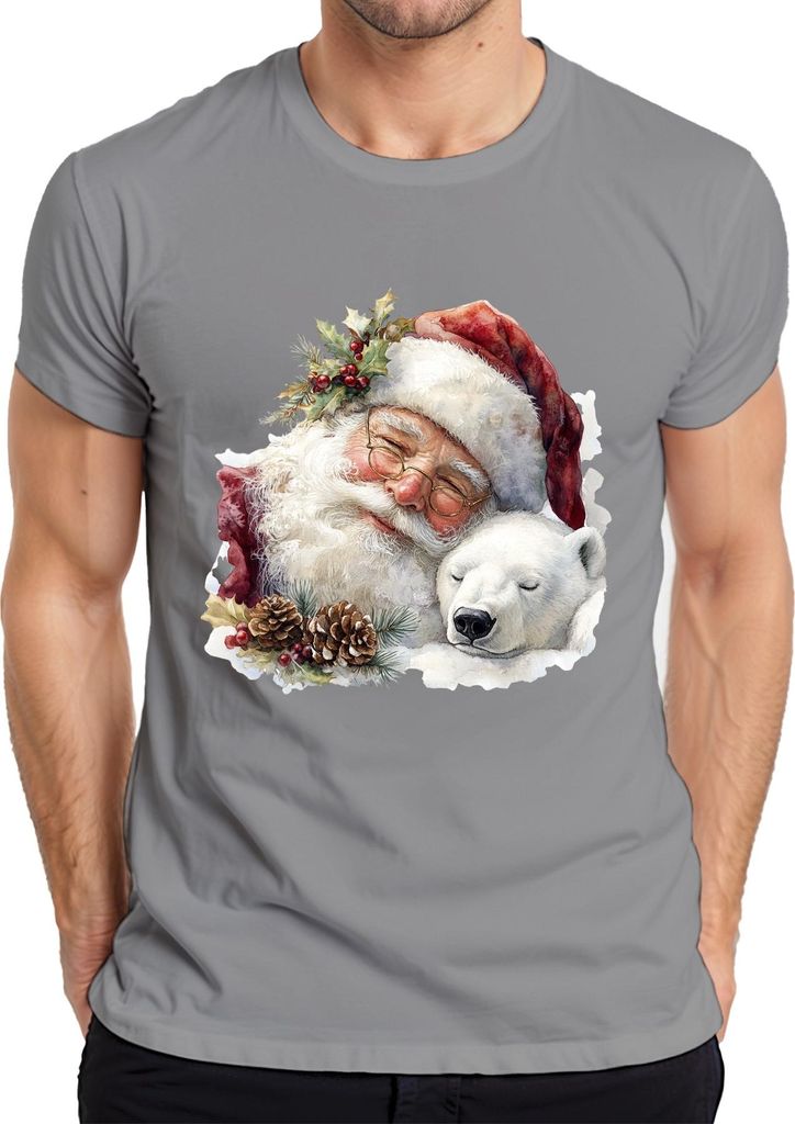 Weihnachtsmann Eisbär Tannenzapfen Weihnachten Aquarell Vintage Herren T-Shirt, Grau, M