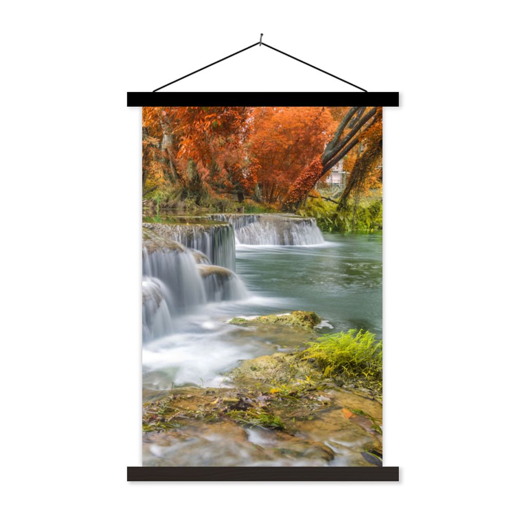 MuchoWow Textilposter Herbst - Wasserfall - Natur - Bäume 60x90 cm mit schwarzem Rahmen - Poster Wohnzimmer