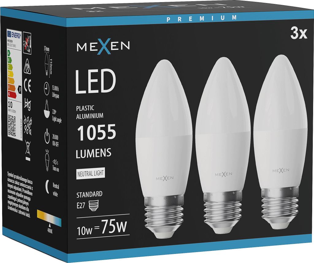 Mexen Nova 3x LED-Glühbirne E27, C37, 10W, Neutral - 4000K, 1055 lm - L102-E27-1040-01x03