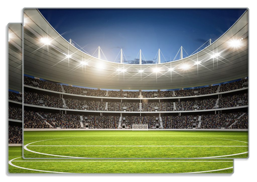 Wallario Frühstücksbrettchen 2er Set aus Glas, je 20 x 30 cm, mit rutschfesten Füßen, Motiv Fußballstadion Mittellinie