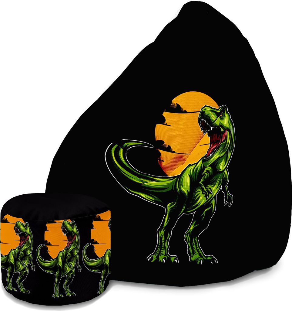 A bean bag chair and a matching ottoman with a dinosaur print.