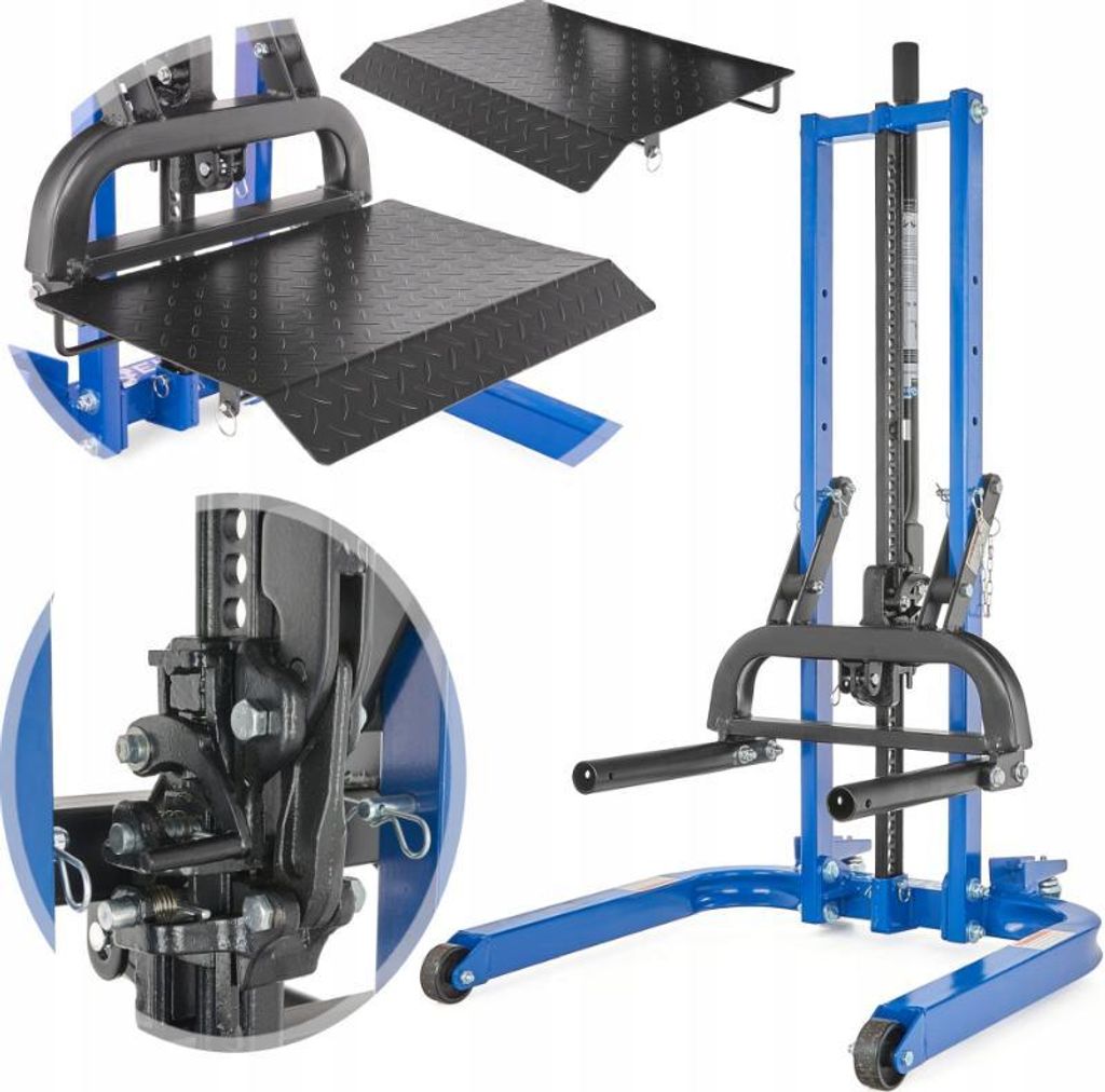 A collage of images showing a blue and black hydraulic car jack with various close-up views and a separate ramp.