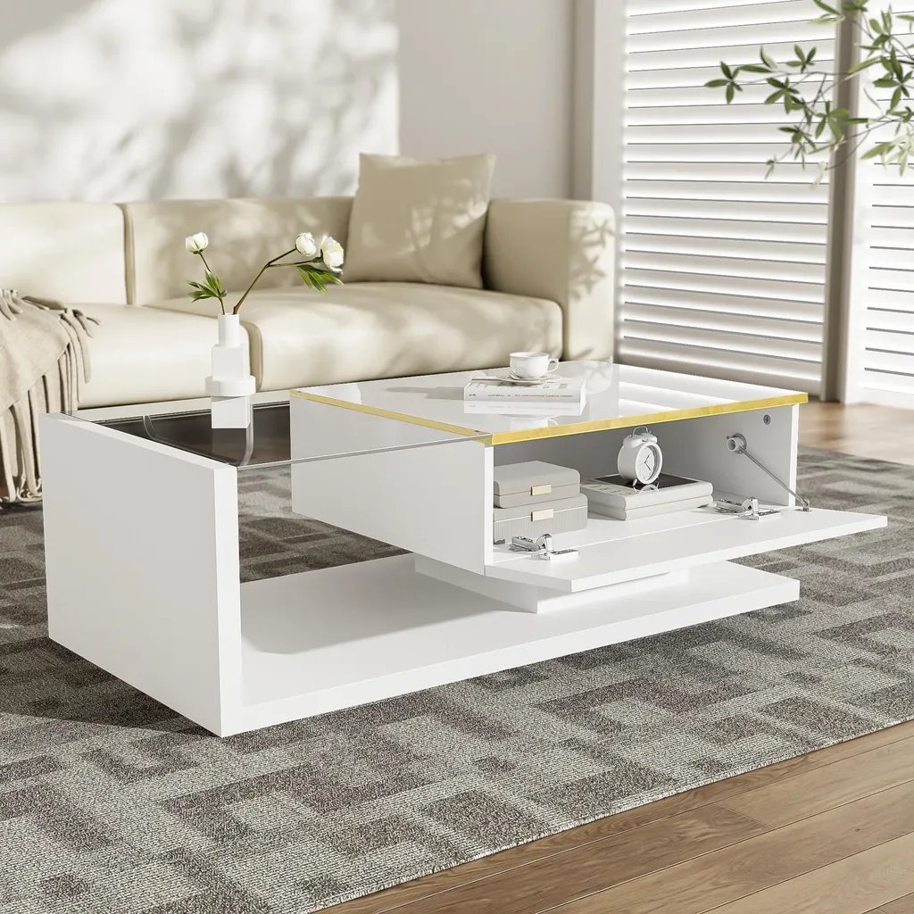 Table Basse Blanc Laqué avec Plateau Verre et Éclairage LED Connecté