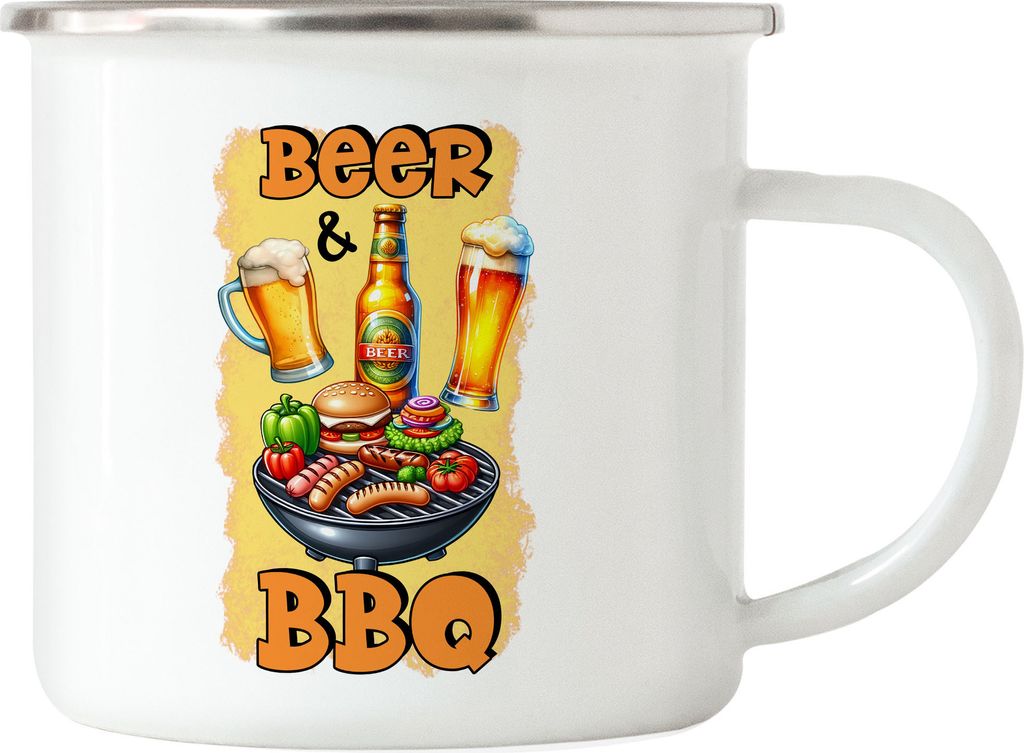 Beer & BBQ Bier Grillen lustiges Bier Spruch Emaille Tasse