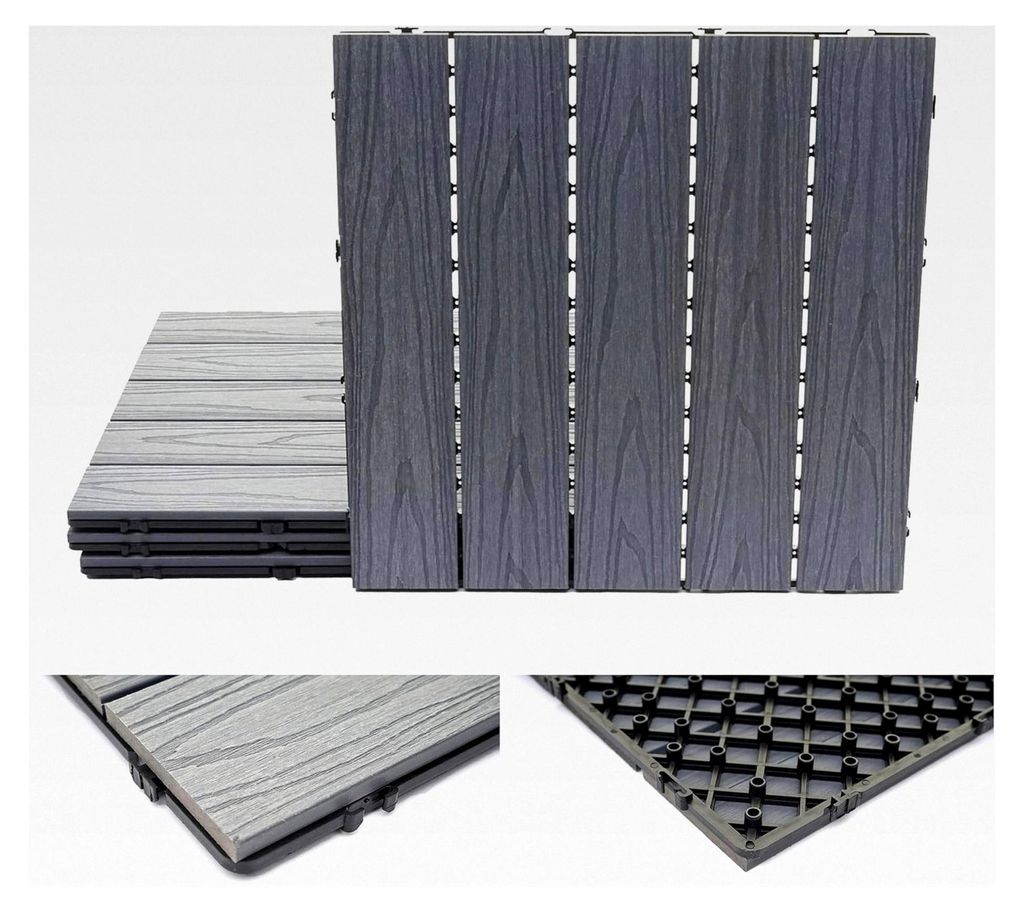 WPC Bodenfliese Holzoptik für Balkon/Terrasse, 3D-Struktur linear beschichtet-grau - 4x 50x50cm = 1m²