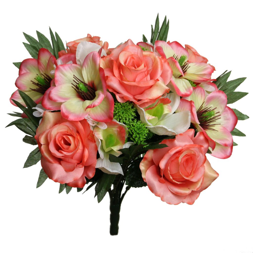 Kunstblume Strauß Rosen-Magnolie-Cymbidie Blumenstrauß 40cm PFIRSICH