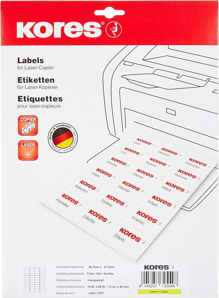 Kores Folien-Etiketten 45,7 x 21,2 mm transparent 480 Etiketten auf 10 Blatt