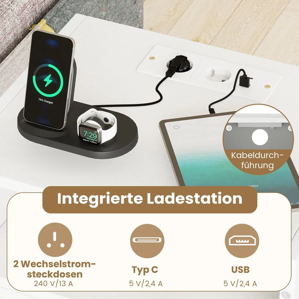 Table de nuit industrielle blanche pour petit espace avec chargeur USB