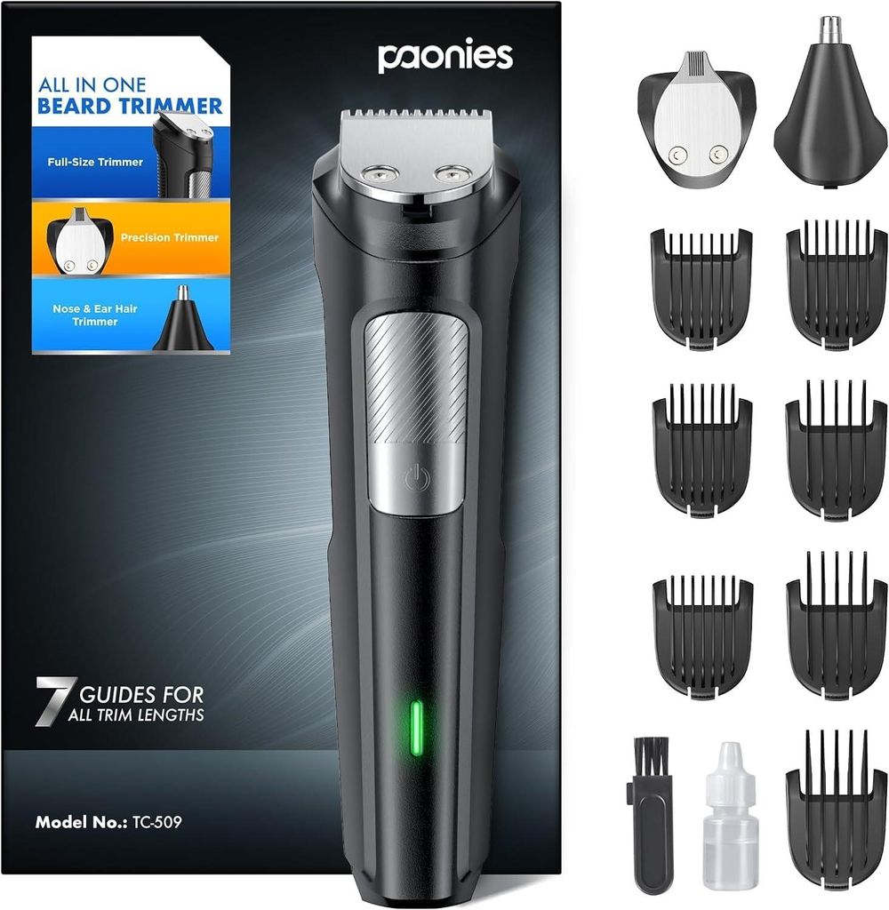 Kabelloser 7-in-1 Barttrimmer, wasserdicht, USB aufladbar, inkl. Nasentrimmer & 7 Aufsätze, scharfe Klingen, für Bart, Haare & Körperpflege