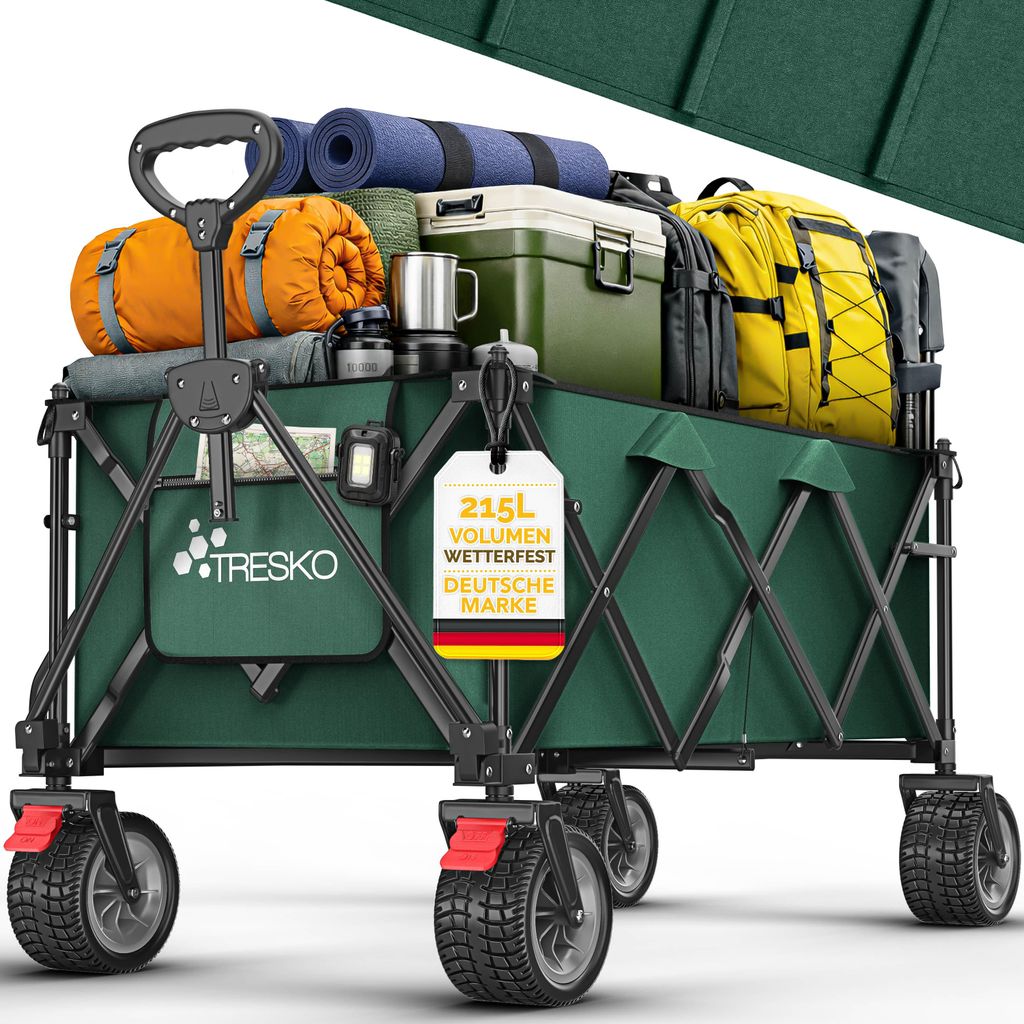 TRESKO Bollerwagen faltbar 215L mit Bremse | Handwagen klappbar 150kg inkl. Vollgummireifen | Faltbarer Strandwagen Extra Breite All-Terrain-Räd...