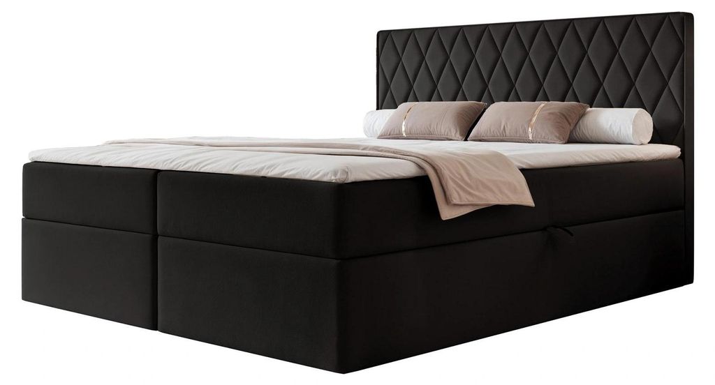 Boxspringbett PONTI 200x200 Rautensteppung Bettkasten Bonellmatratze Samt Schwarz