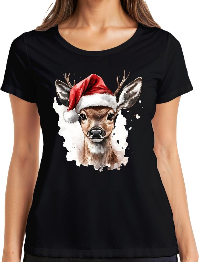 Rehkitz Santa Hut Weihnachten Aquarell festlich Geschenk Retro Damen T-Shirt, Schwarz, M