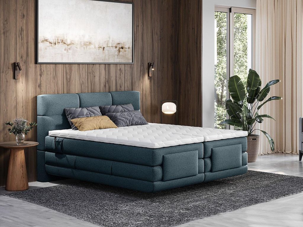 Kontinentale Bettgarnitur mit gestepptem Kopfteil + elektrische Relaxrahmen + Matratzen + Matratzenauflagen - 2 x 90 x 200 cm - Stoff - Blau - Mark...